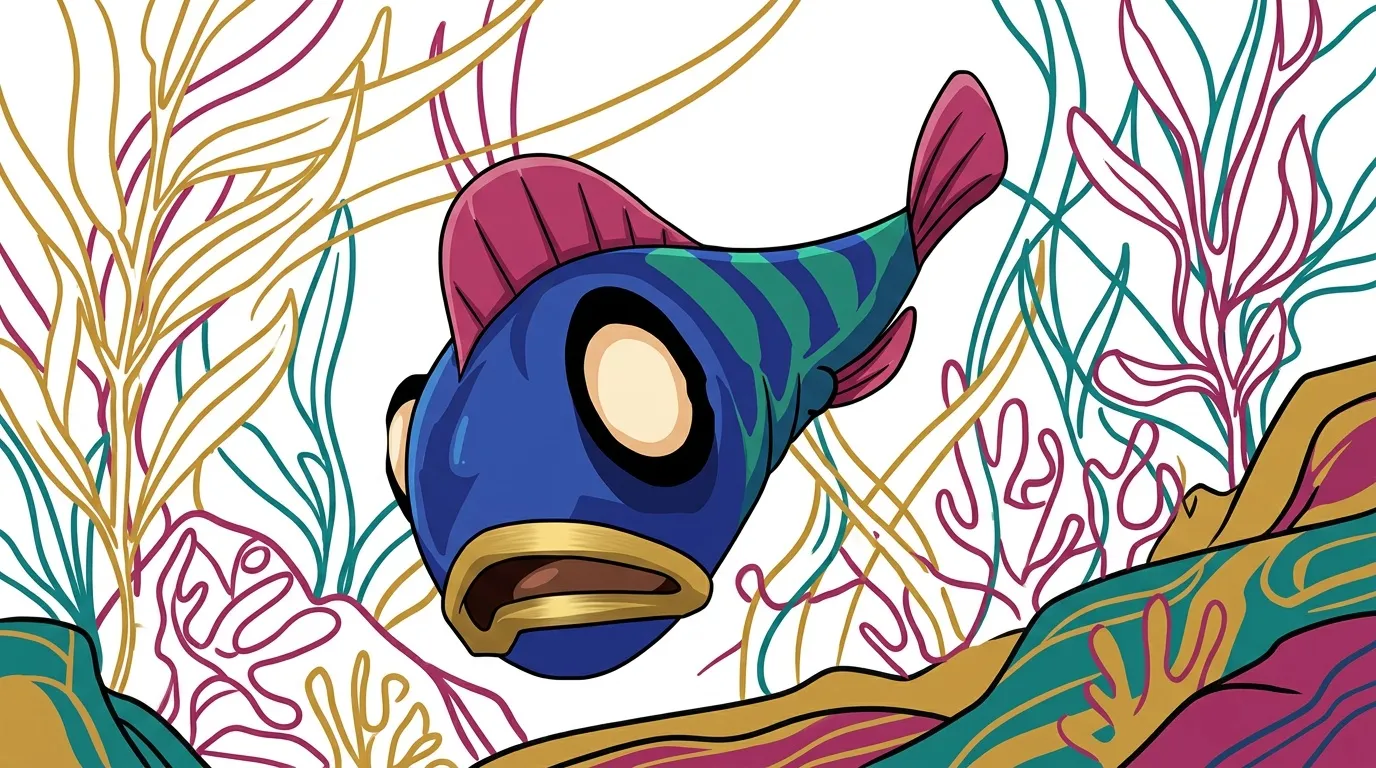 Poisson bleu avec nageoires roses entouré de coraux colorés