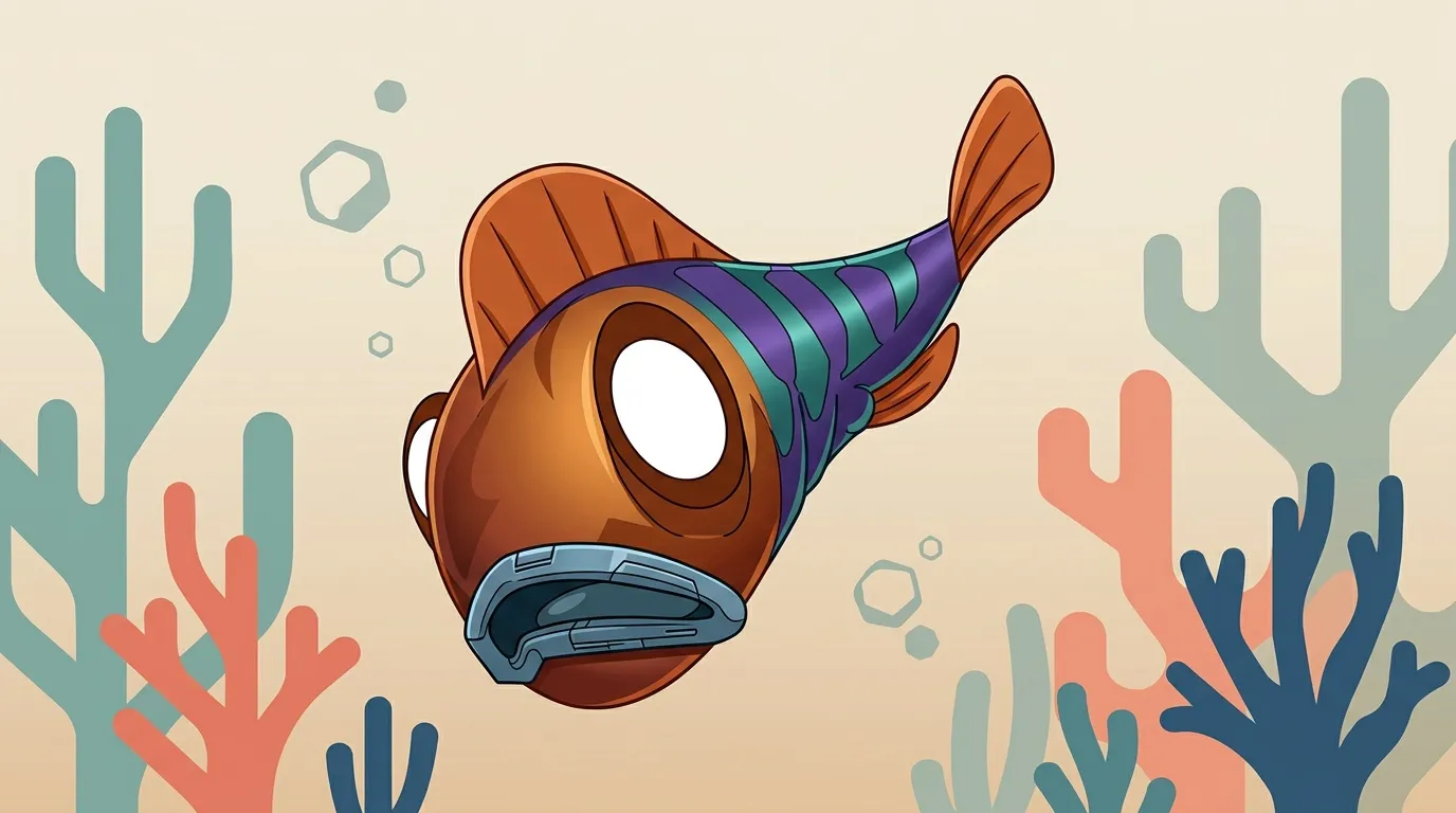 Créature de poisson robot entourée de coraux colorés