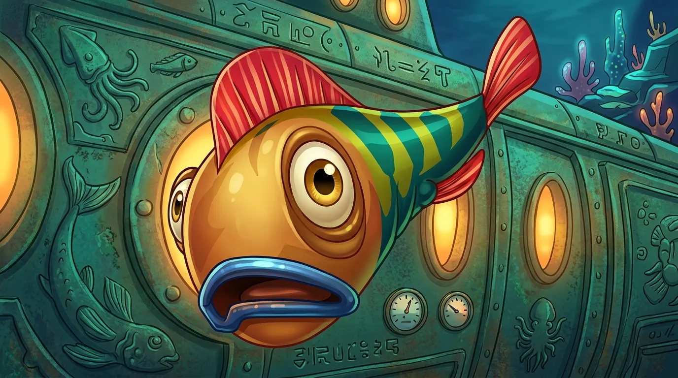 Poisson coloré à hublot dans véhicule sous-marin métallique
