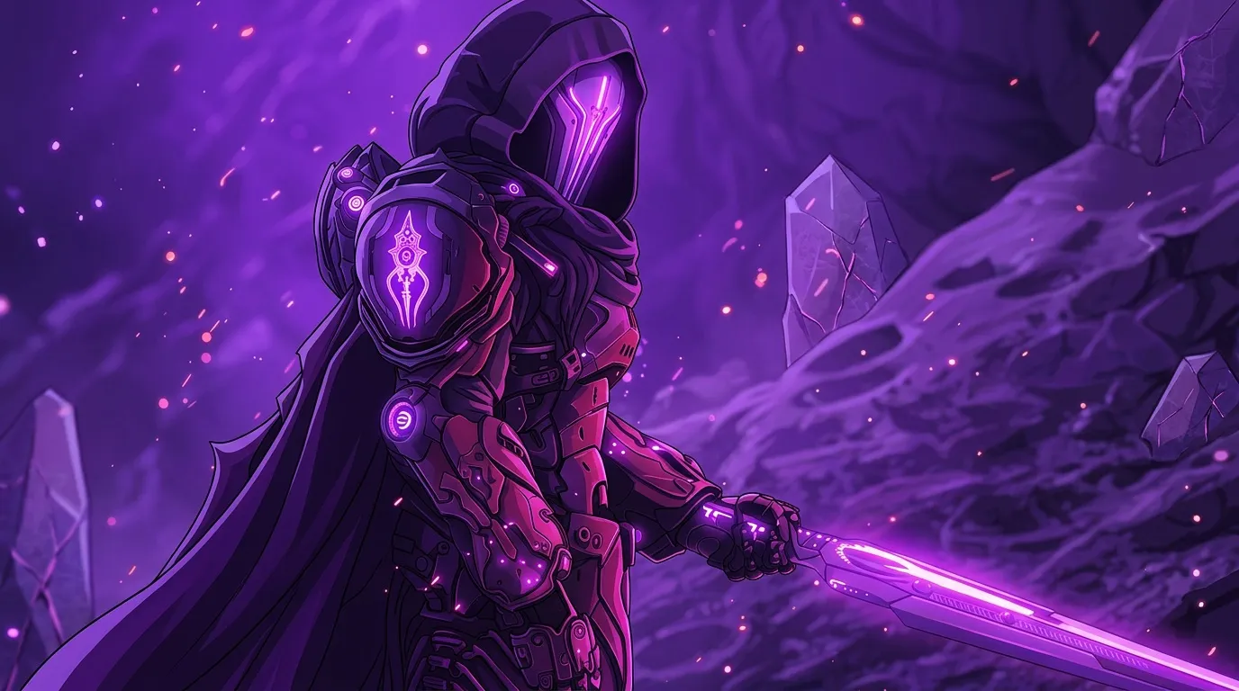 Chevalier en armure technologique violette avec épée lumineuse
