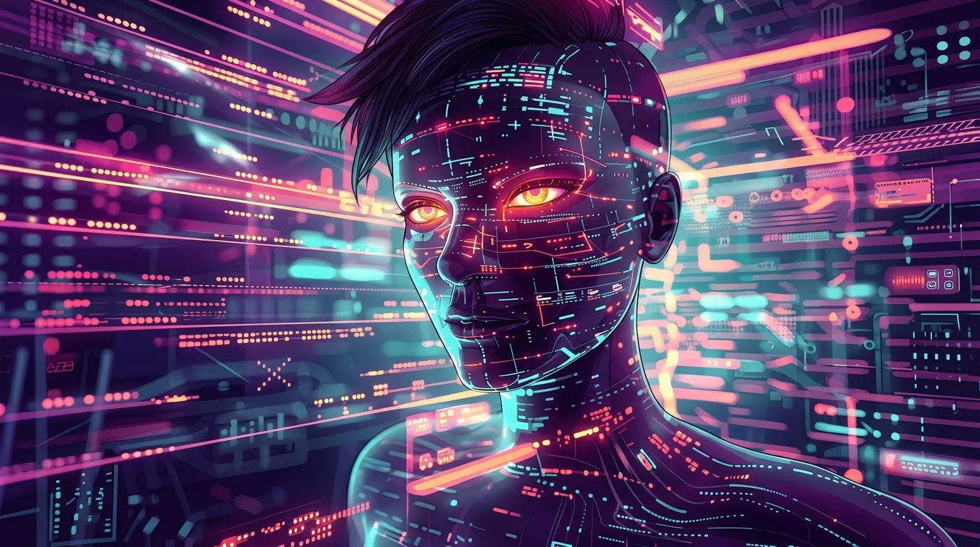 Portrait numérique d'une intelligence artificielle avec circuits luminescents