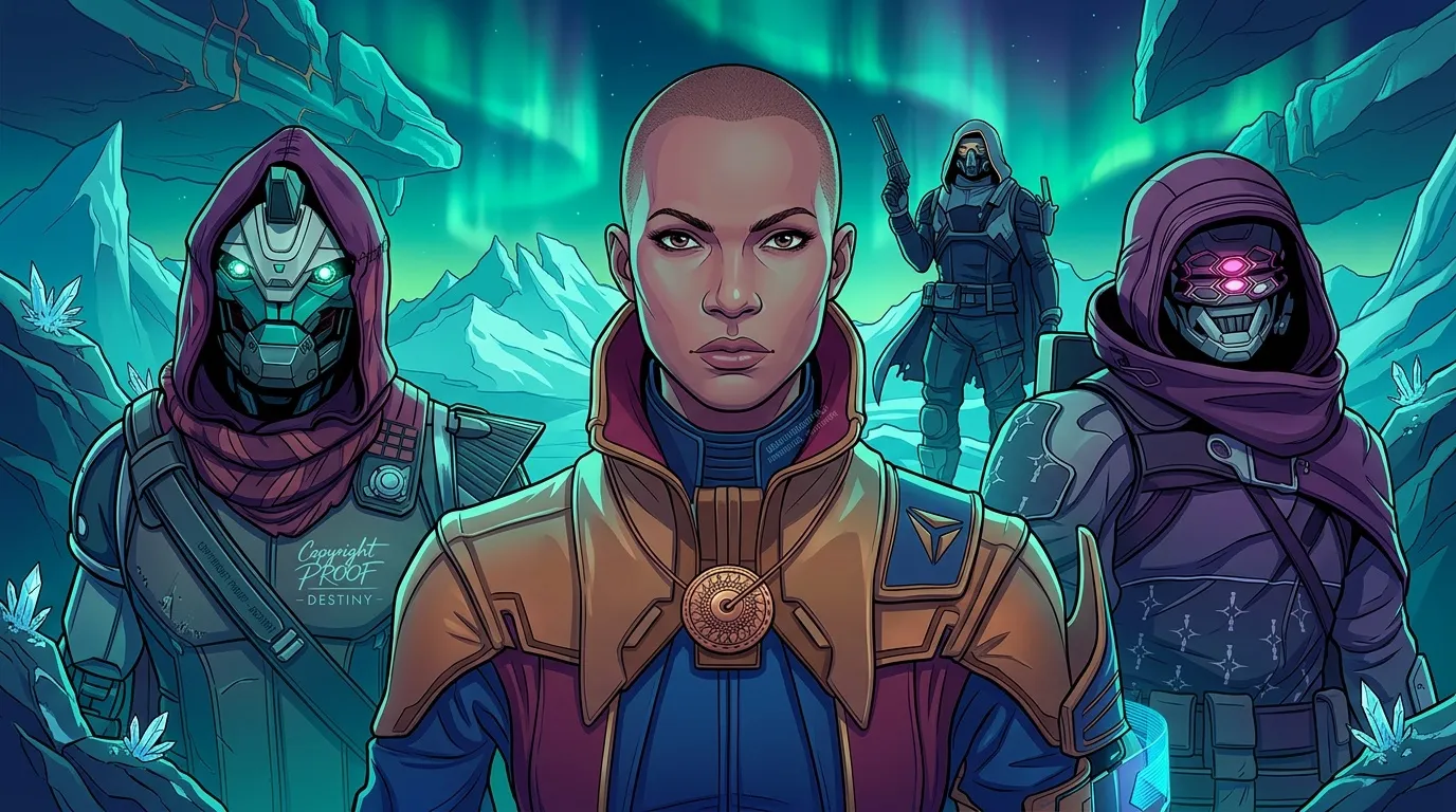 Quatre personnages armés en tenue sci-fi sous aurore boréale verte