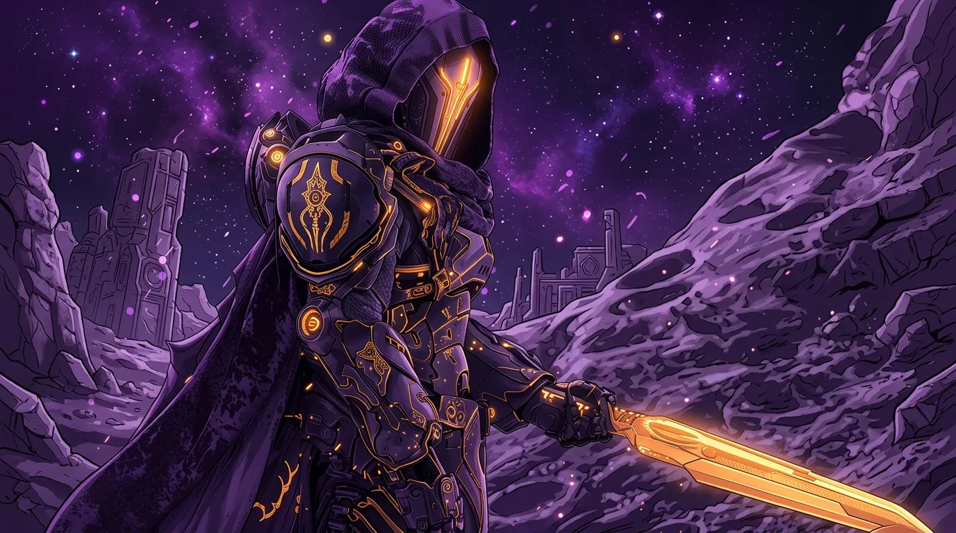 Chevalier futuriste armé d'épée brillante dans cosmos pourpre