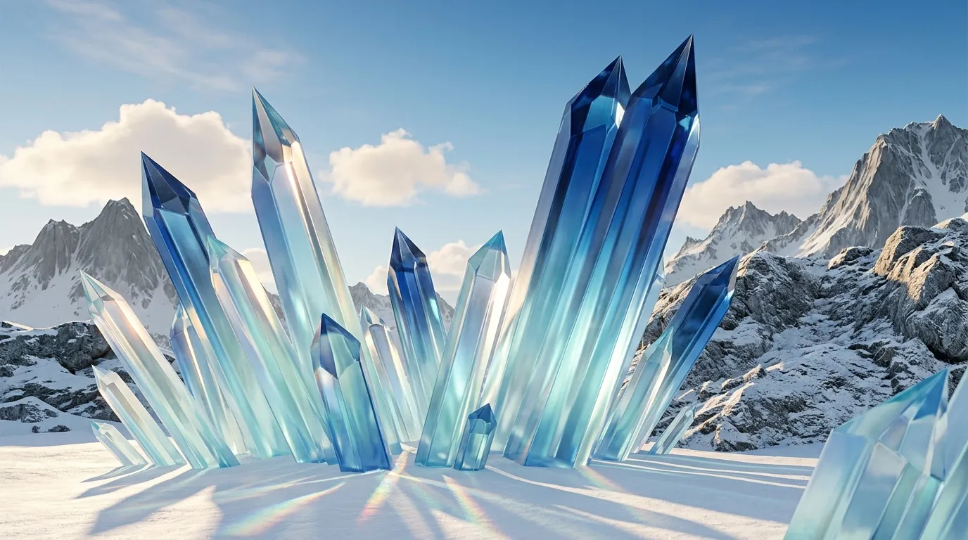 Structures cristallines bleues brillantes dans paysage montagneux enneigé