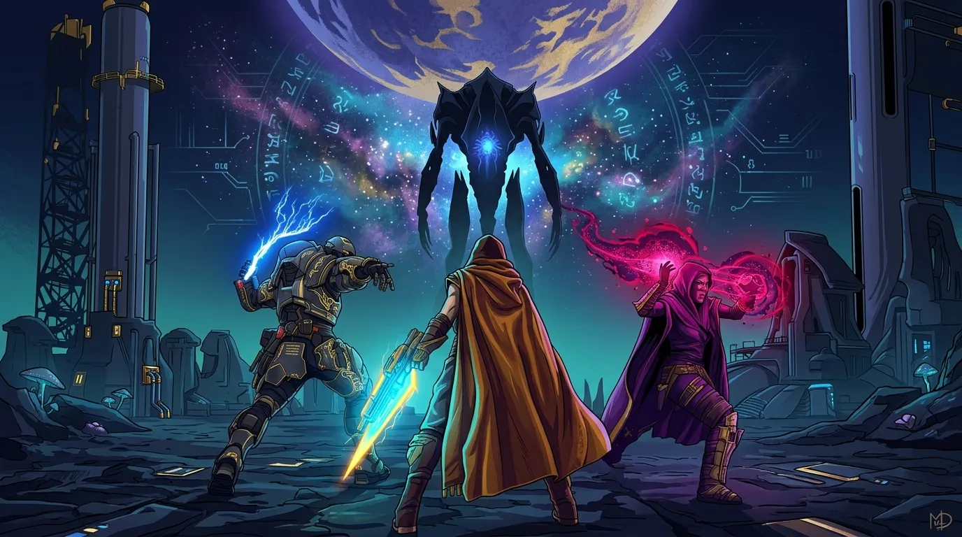 Trois personnages affrontant une créature géante lumineuse
