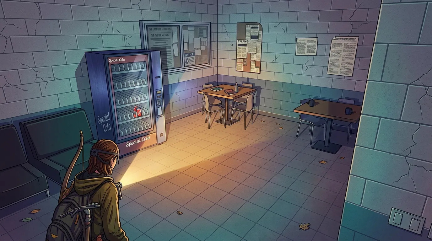 Personnage dans une salle vide avec distributeur et mobilier.