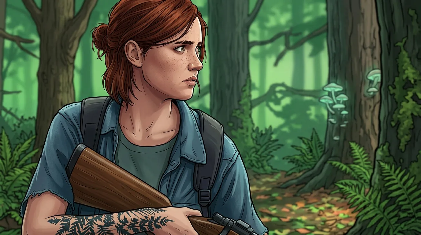 Femme roux tatou&eacute;e avec fusil en for&ecirc;t verte
