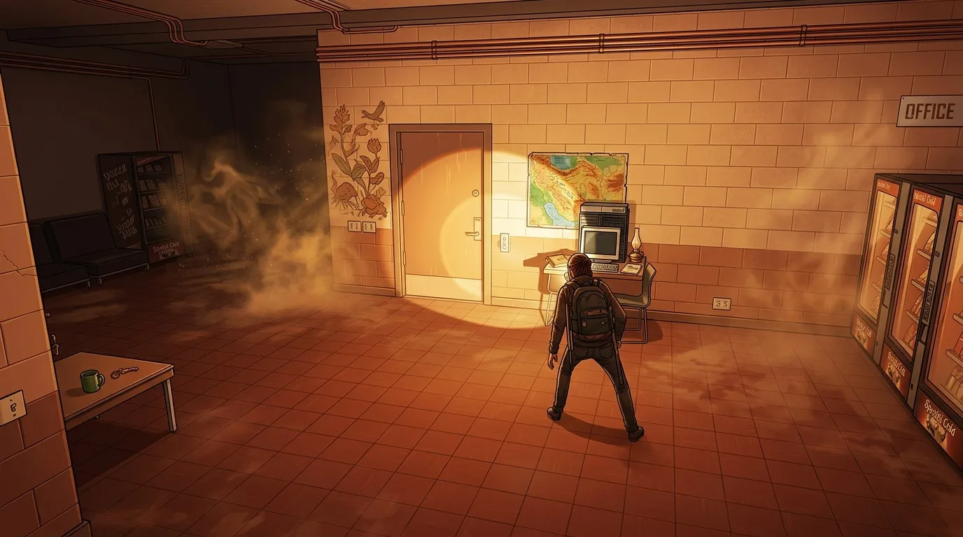 Personnage dans un couloir vide d'un b&acirc;timent administratif