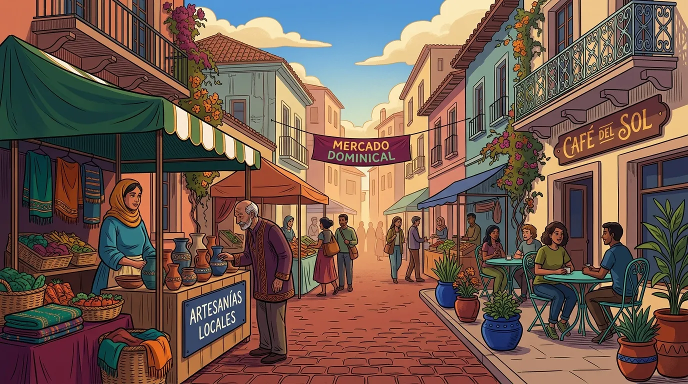 Marché coloré avec artisans locaux et cafés en architecture coloniale.