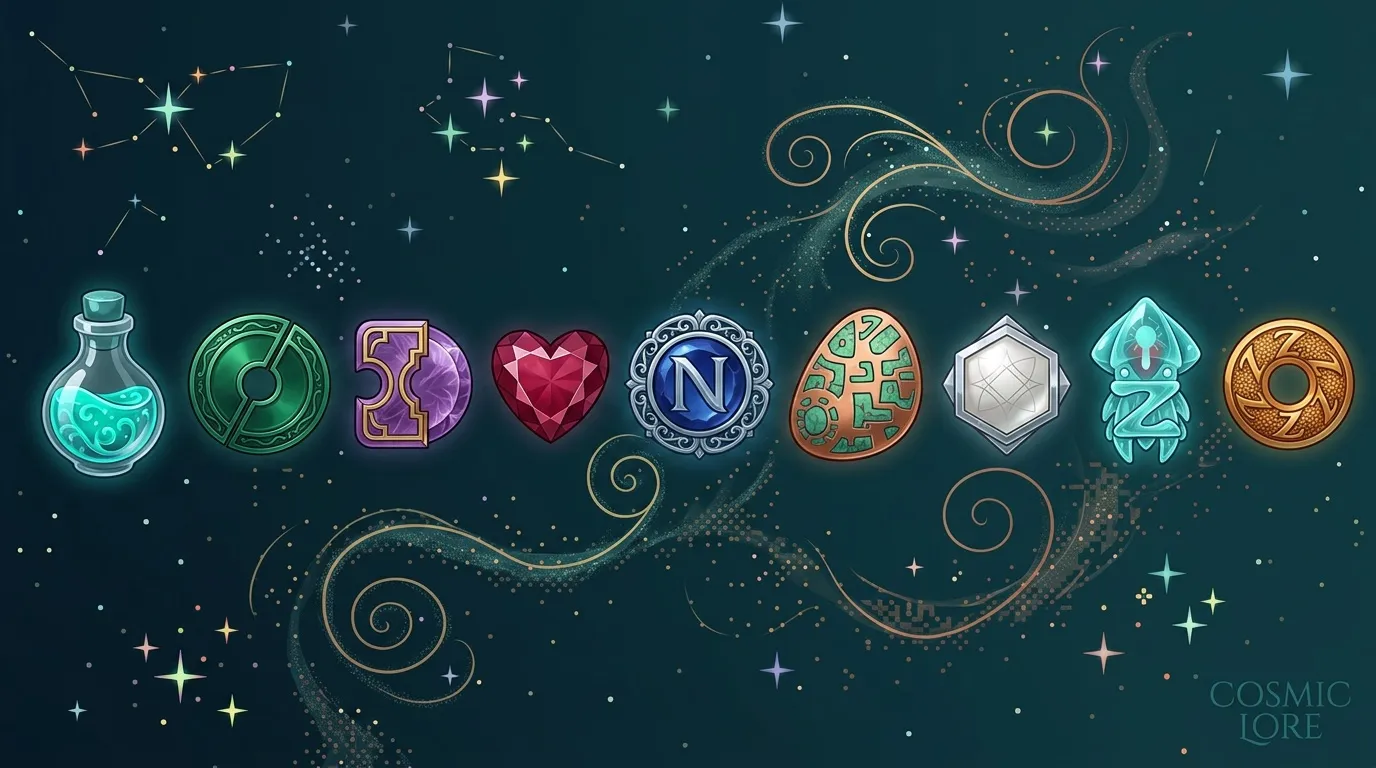 Neuf objets magiques brillants sur fond étoilé