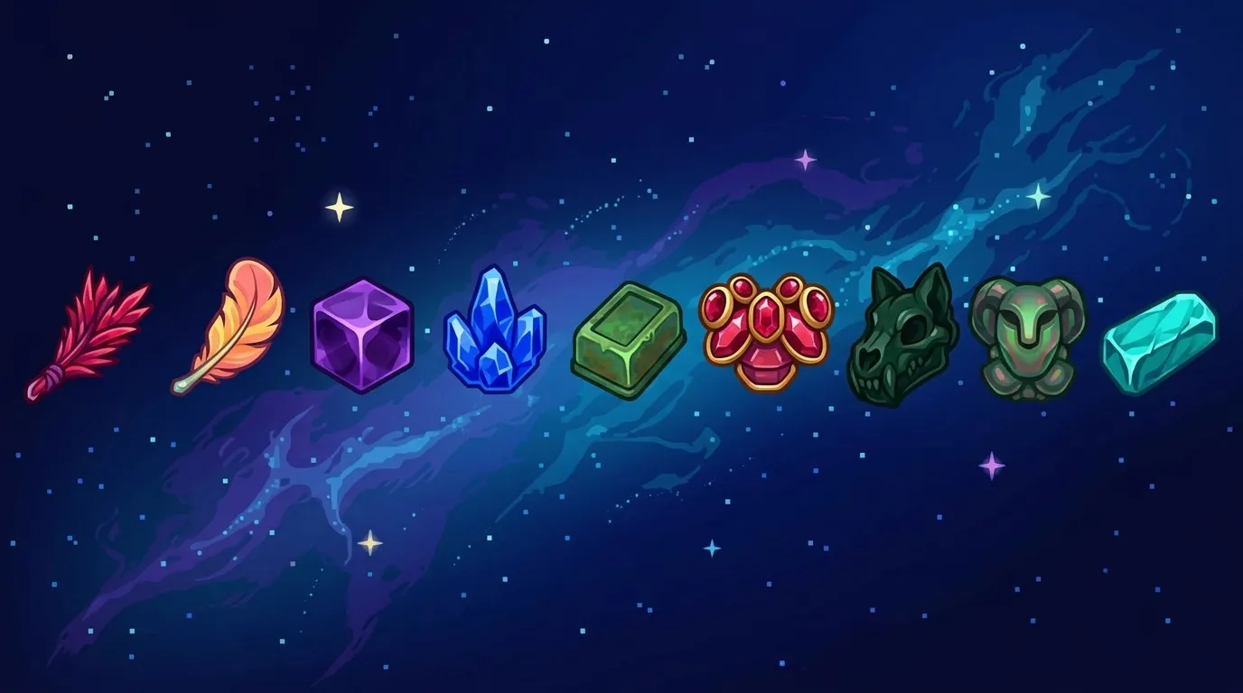 Neuf objets fantastiques colorés flottant dans l'univers étoilé