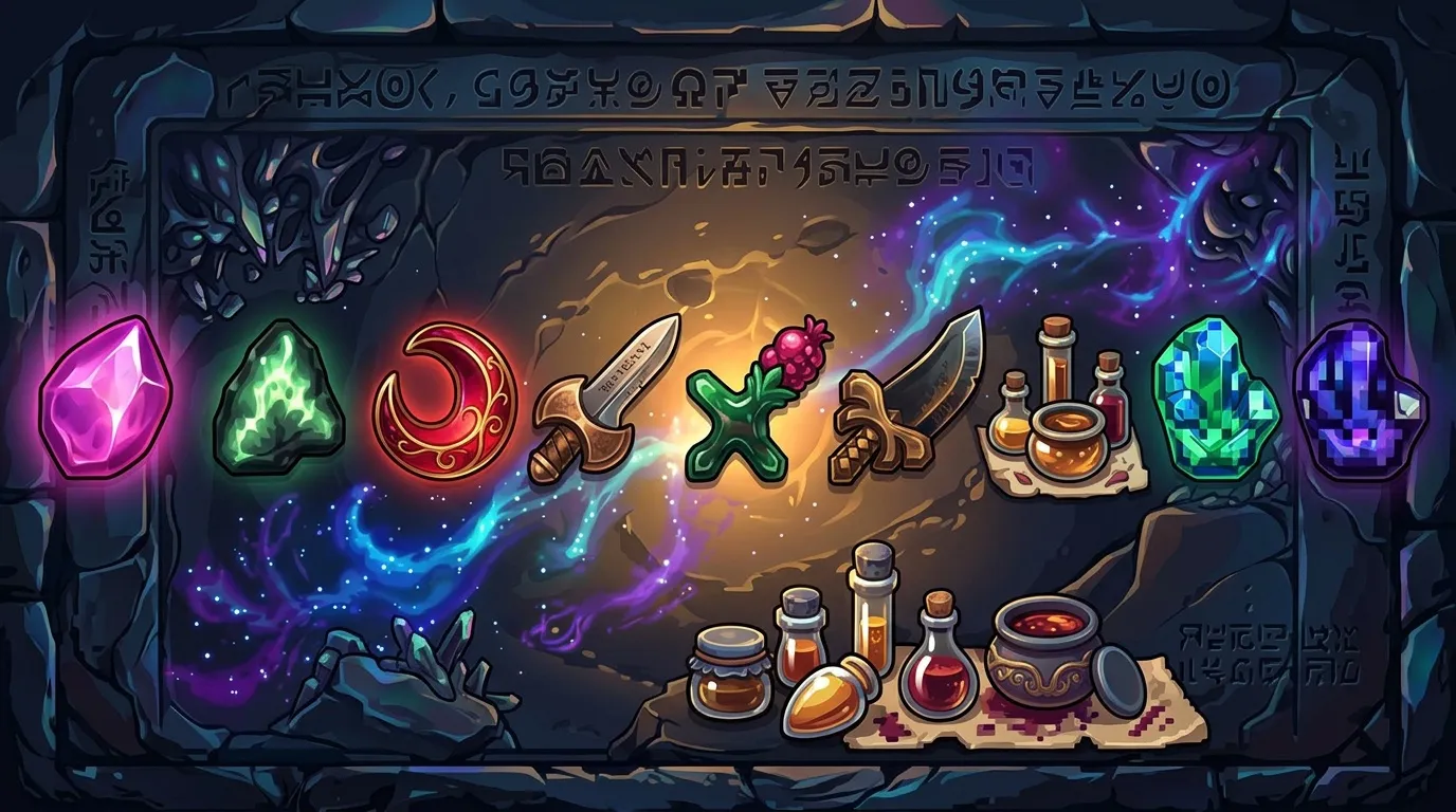 Écran de jeu fantasy affichant cristaux, armes et potions magiques