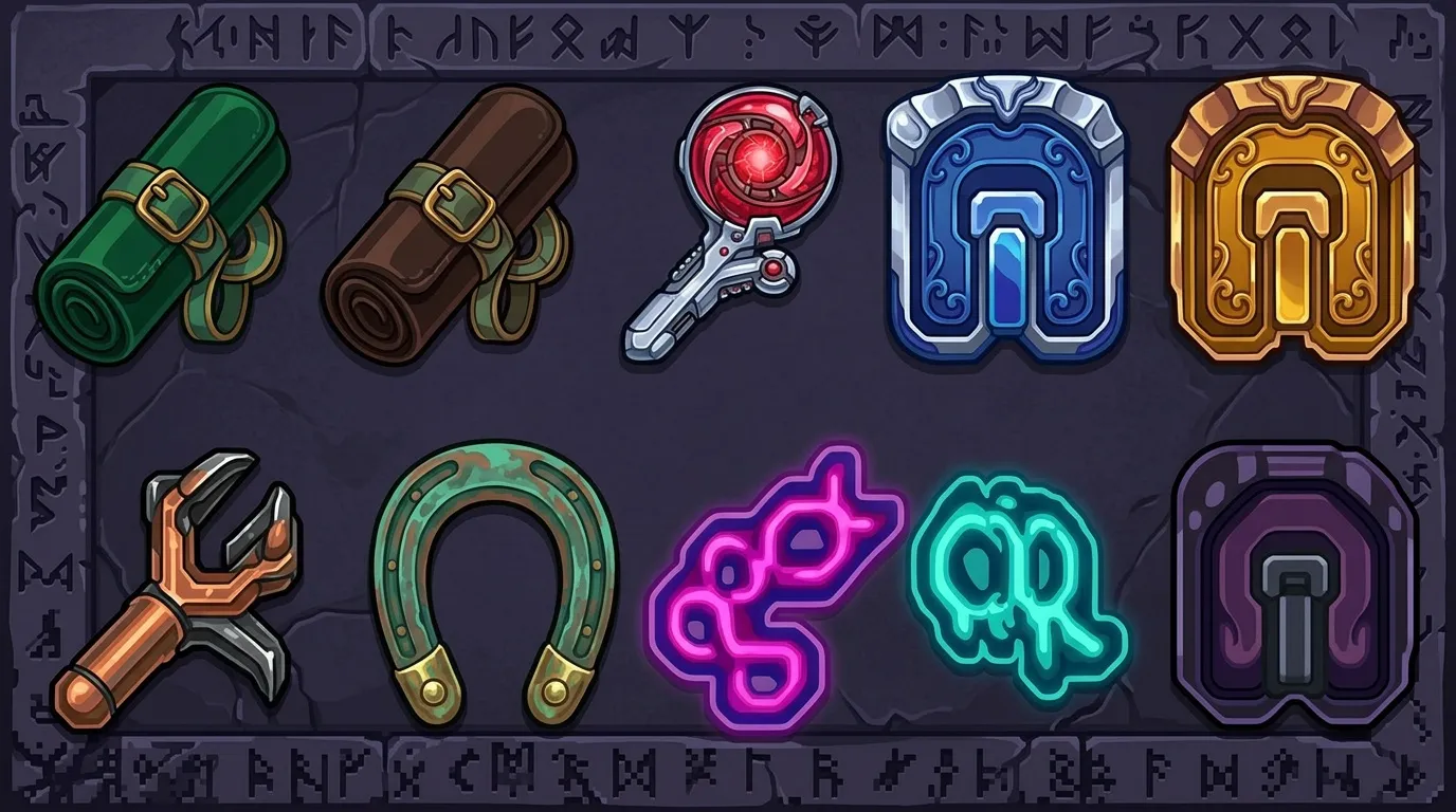 Dix icônes colorées de jeu : armes, clés, symboles monétaires