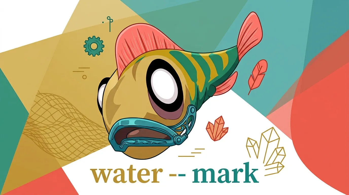 Poisson mécanique coloré avec logo watermark et éléments géométriques
