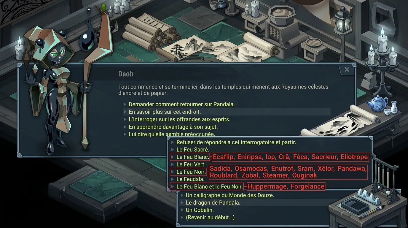 Personnage Daoh proposant des choix de dialogue dans un temple.