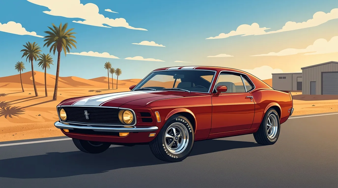 Voiture de sport rouge vintage dans paysage désertique avec palmiers