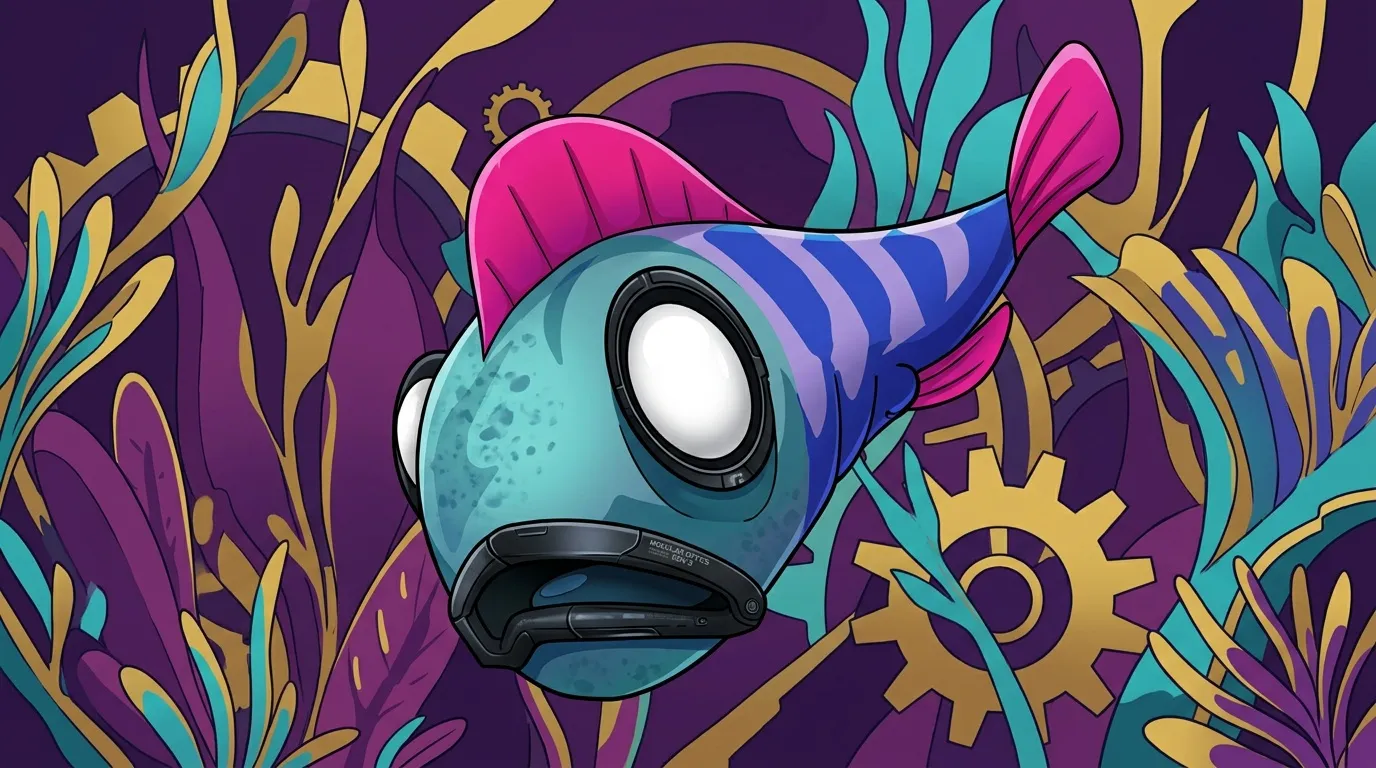 Robot sphérique turquoise avec chapeau rose entouré de plantes