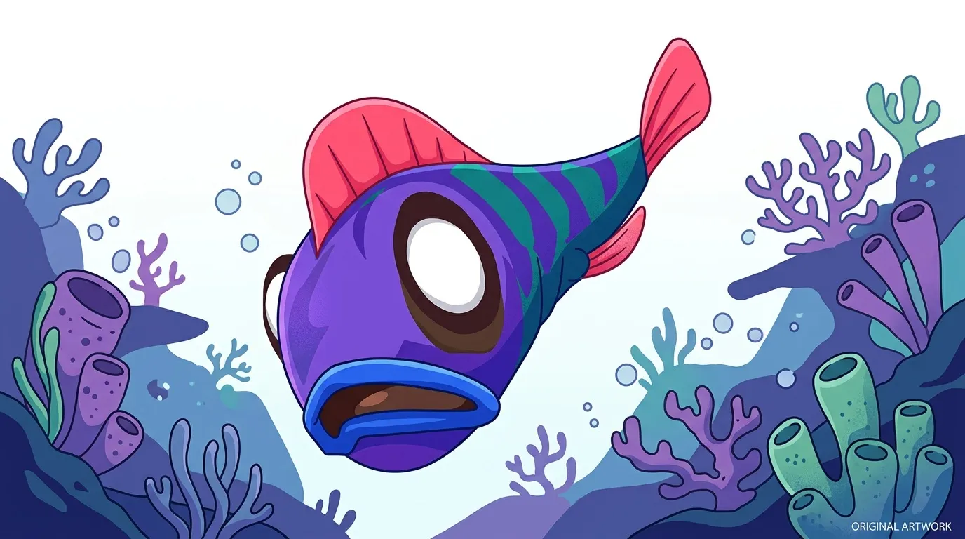 Poisson violet avec nageoires roses nageant parmi les coraux