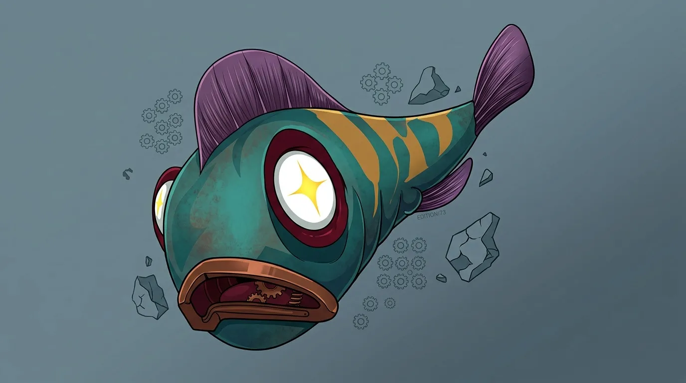 Illustration d'un poisson robotique teal avec oeil étoilé jaune