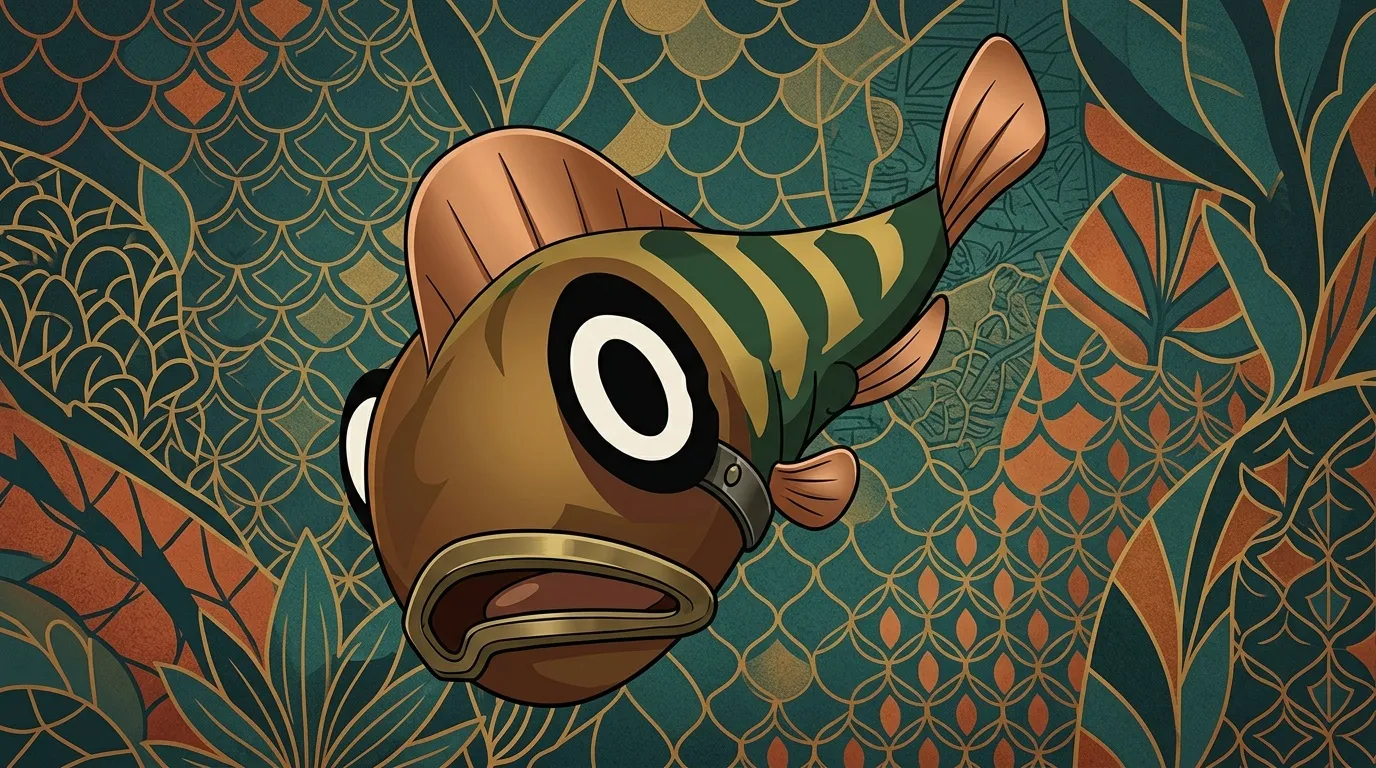 Illustration d'un poisson brun aux yeux blancs sur fond géométrique teal doré