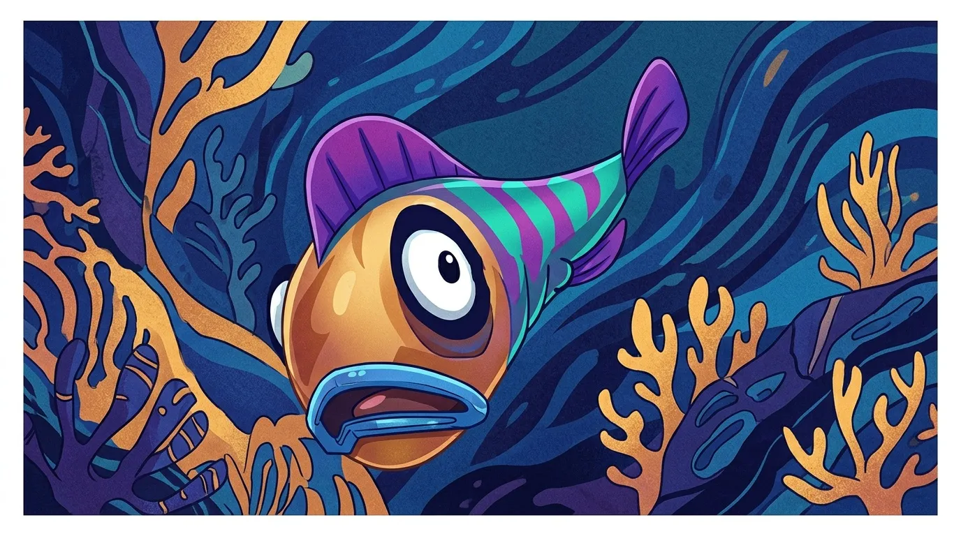 Poisson stylis&eacute; violet et orange avec coraux bleus