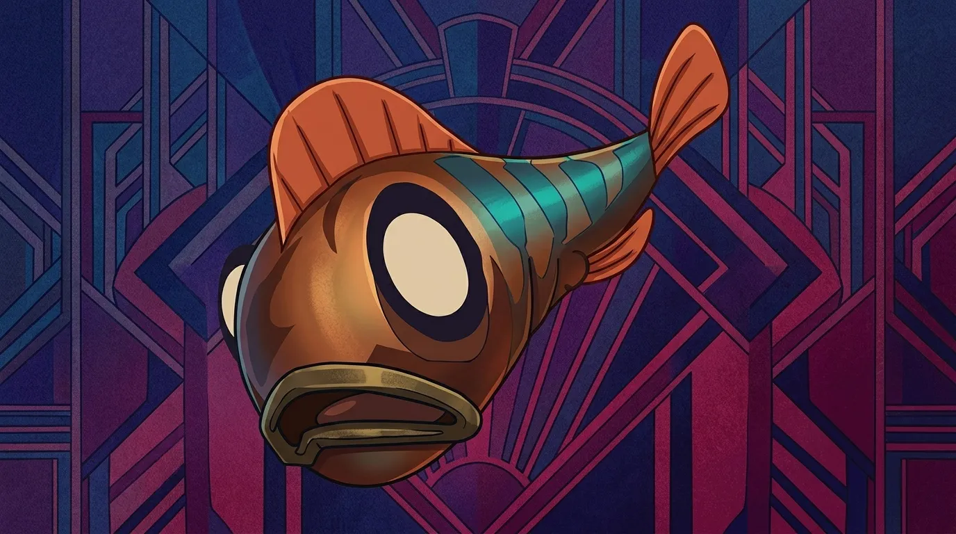 Illustration stylisée d'un poisson brun aux nageoires orange sur fond géométrique