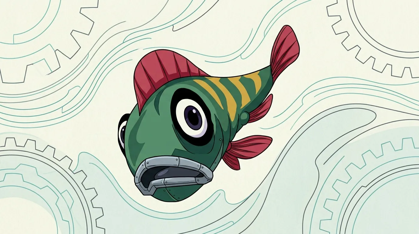 Illustration d'un poisson cyborg vert avec nageoires rouges