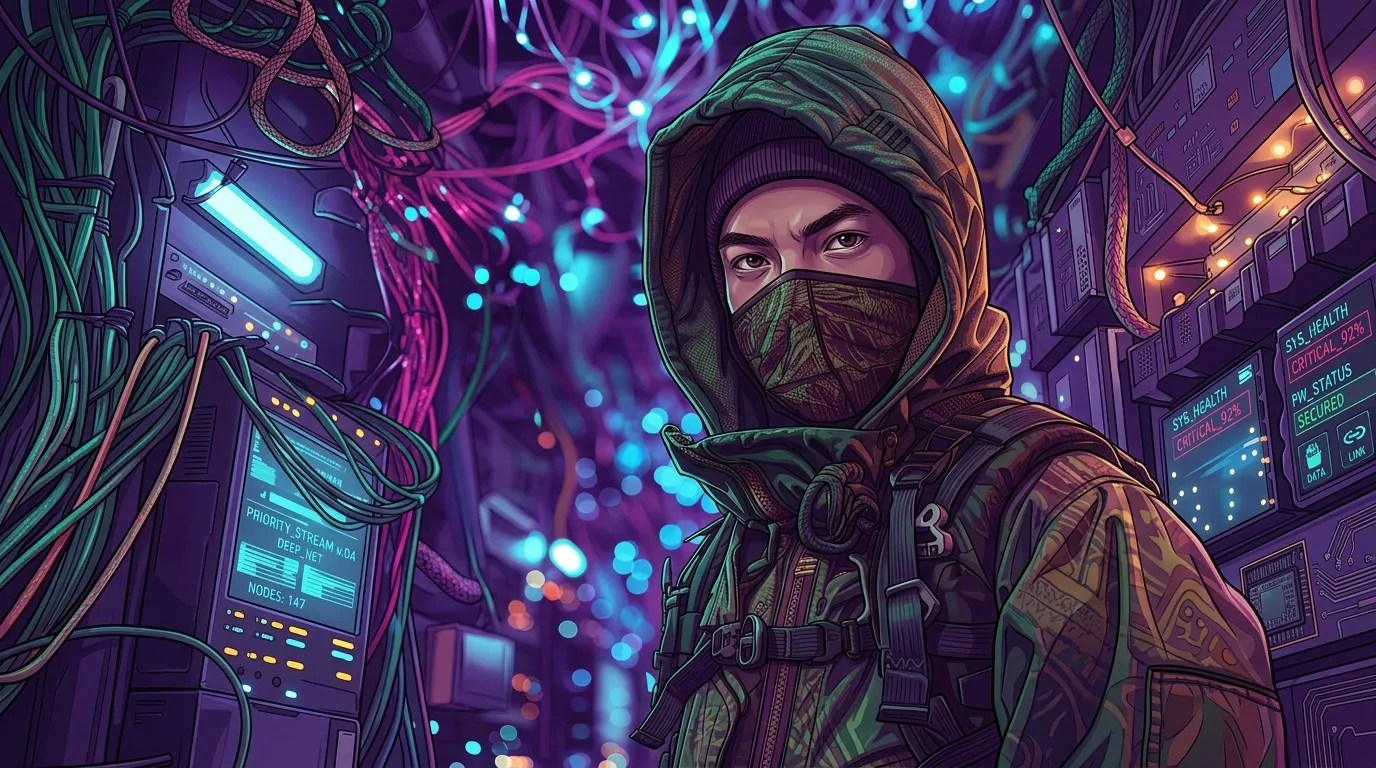 Personnage masqué en costume cyberpunk entouré de câbles luminescents