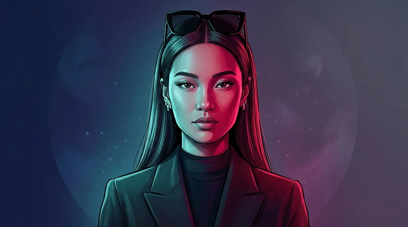 Femme en blazer avec lunettes de soleil, éclairage néon cyan-rose