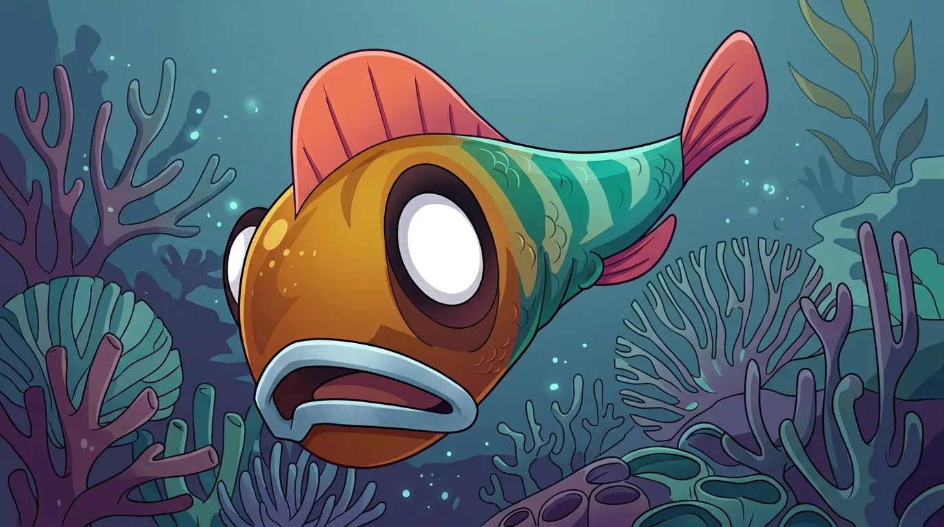 Poisson cartoon orange aux grands yeux dans un d&eacute;cor corallien