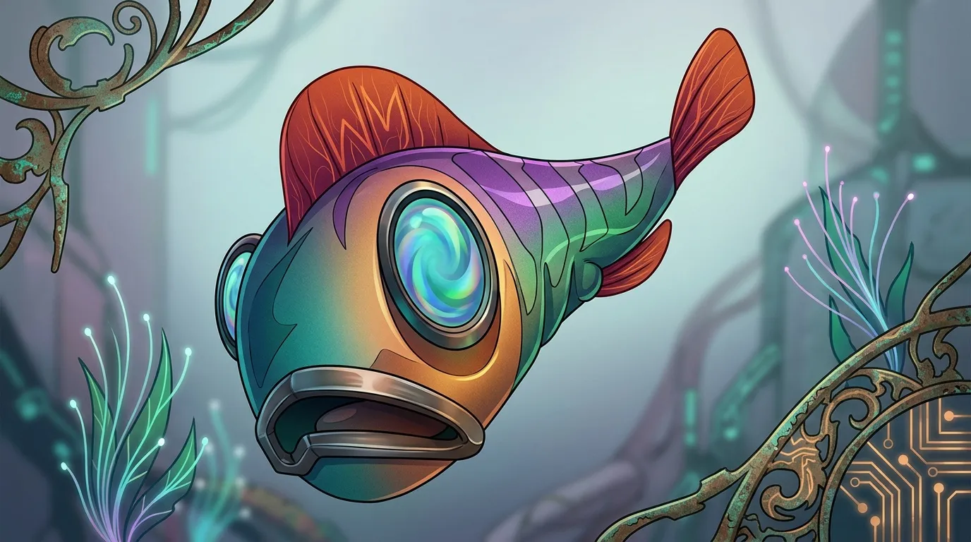 Poisson mécanique coloré avec œil luminescent dans un univers numérique
