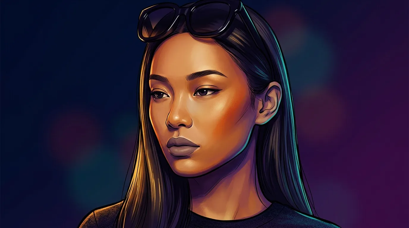 Illustration portrait femme aux cheveux longs et lunettes de soleil