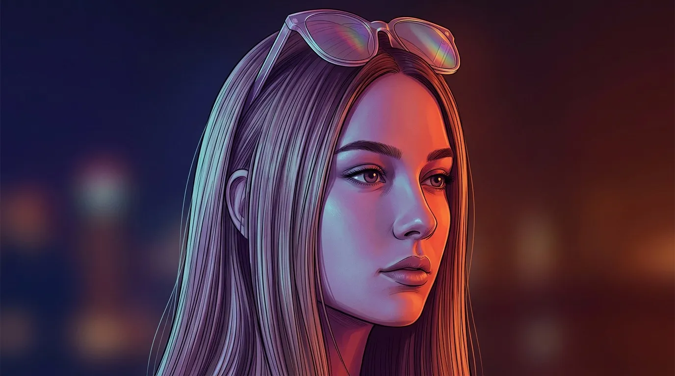 Femme avec lunettes de soleil, éclairage néon bleu et orange