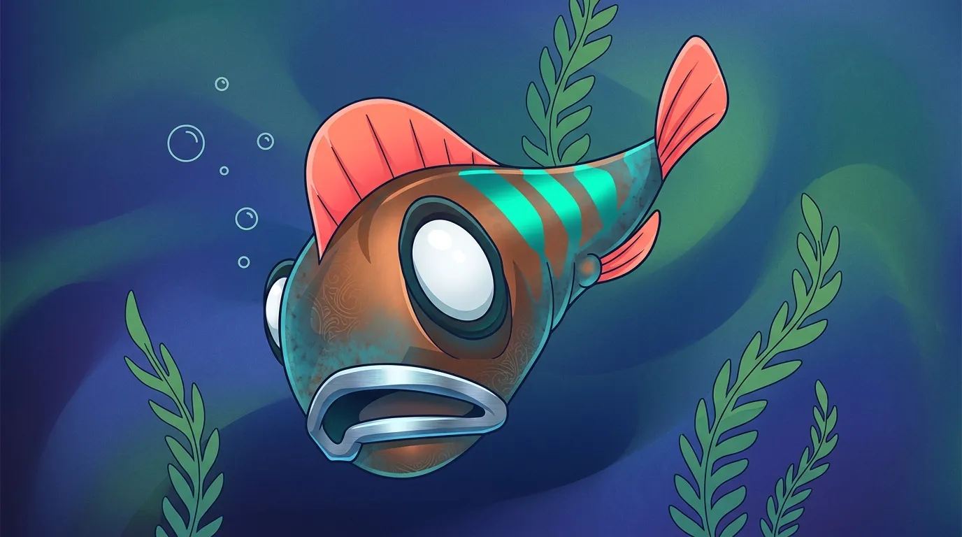 Poisson cartoon avec nageoires rouges et turquoises sous l'eau