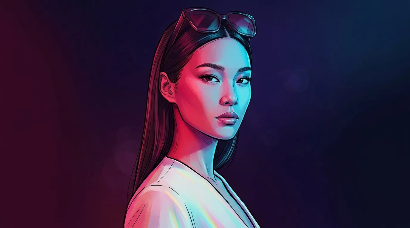 Femme avec lunettes de soleil, éclairage rose et bleu néon