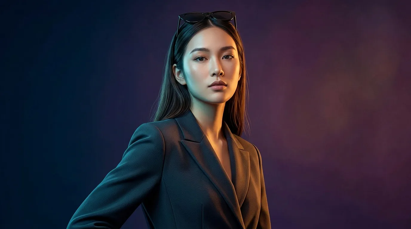 Femme en blazer noir avec lunettes sur la tête, fond dégradé