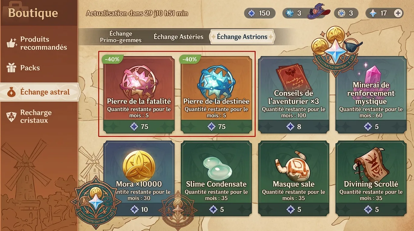 Interface de jeu affichant les échanges d'astrions et produits disponibles