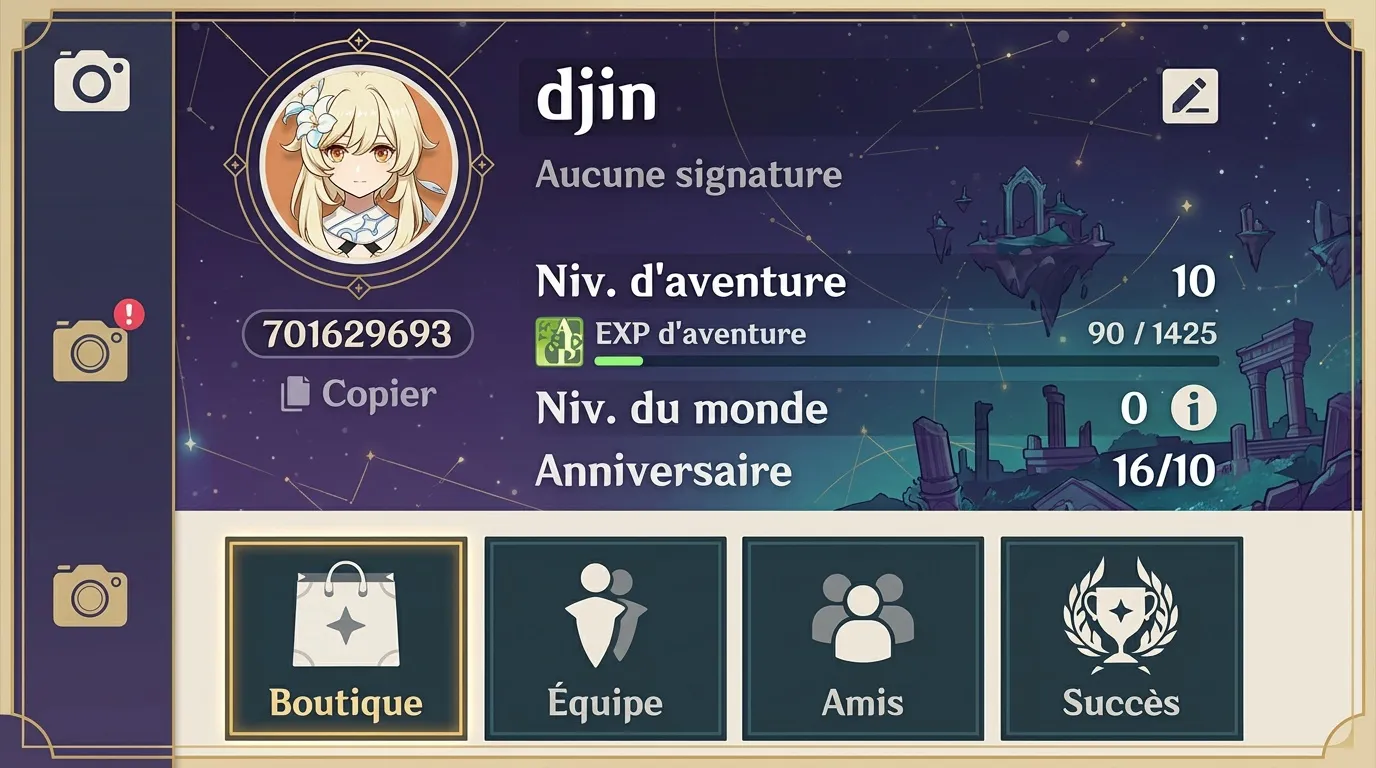 Interface de profil utilisateur avec statistiques et menu de navigation