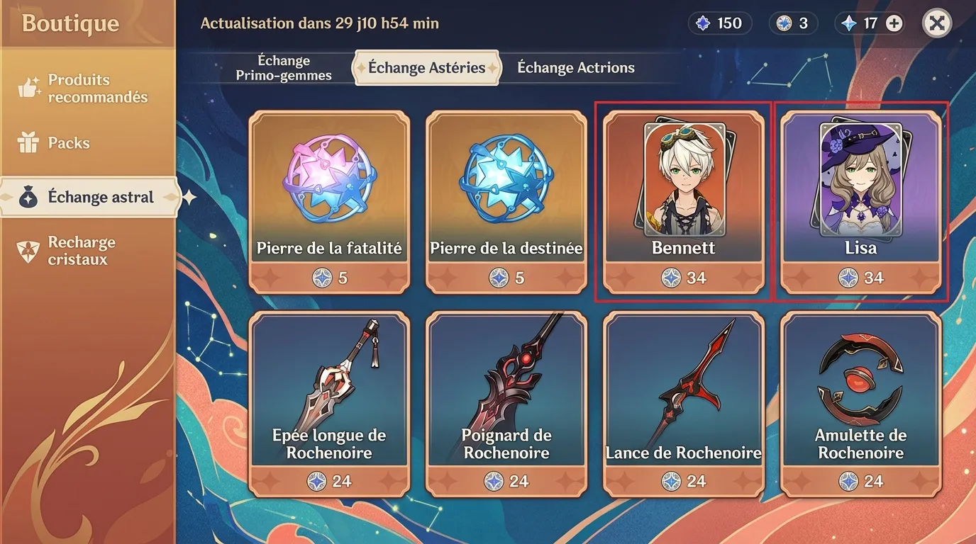 Interface boutique avec personnages Bennett et Lisa, armes et cristaux