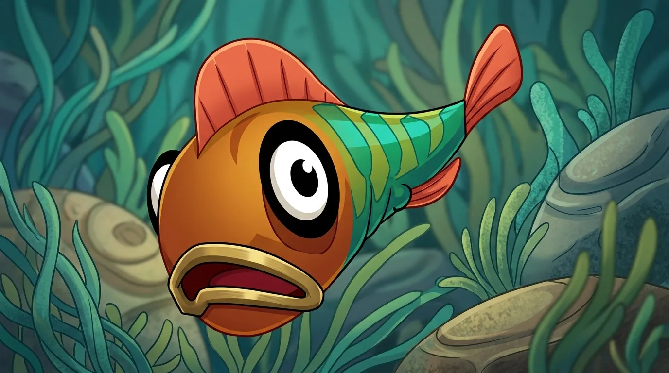 Poisson cartoon orange et vert aux grands yeux surpris