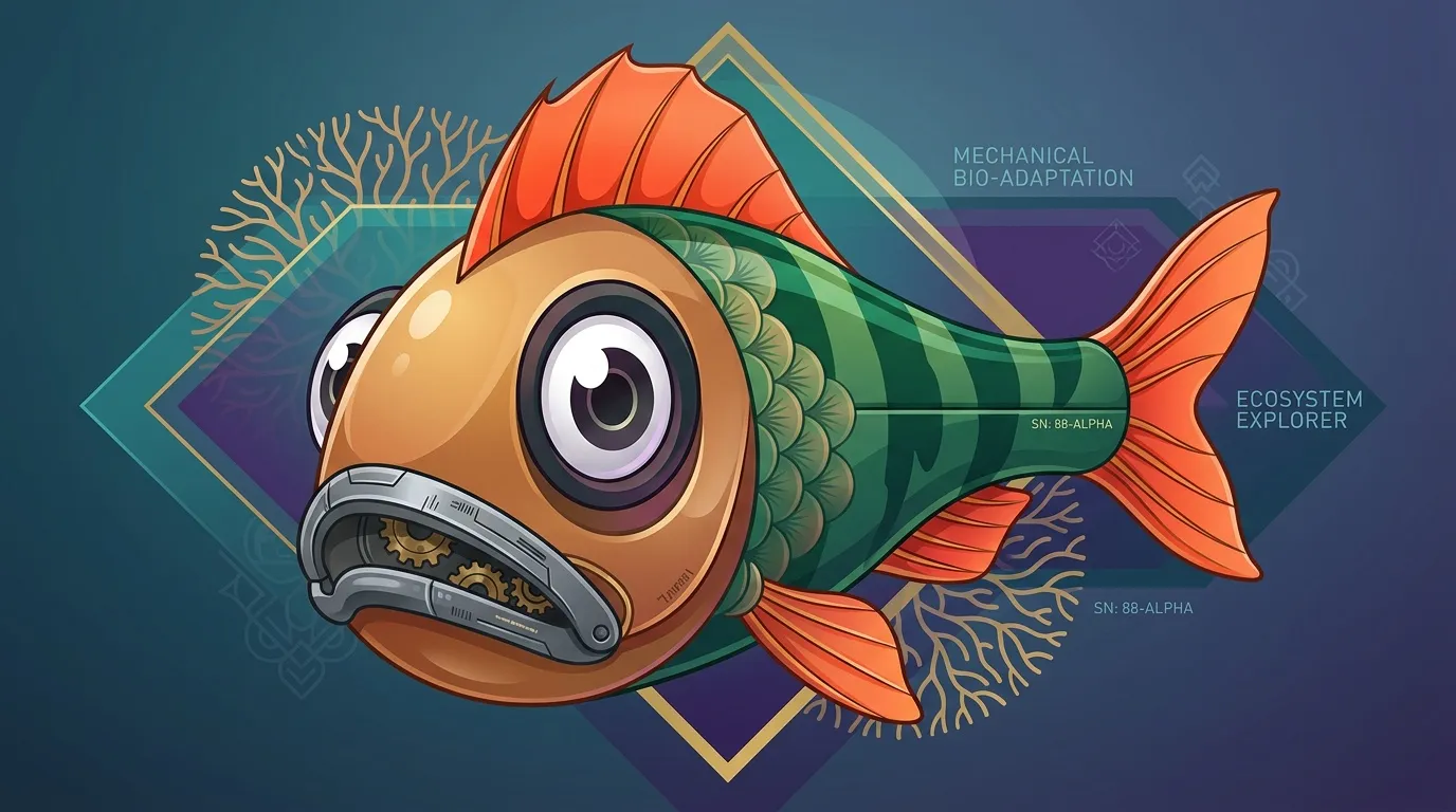 Poisson robot orange et vert avec oeil mécanique futuriste