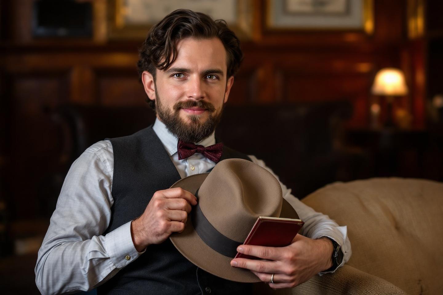 Homme en costume rétro avec chapeau et livre