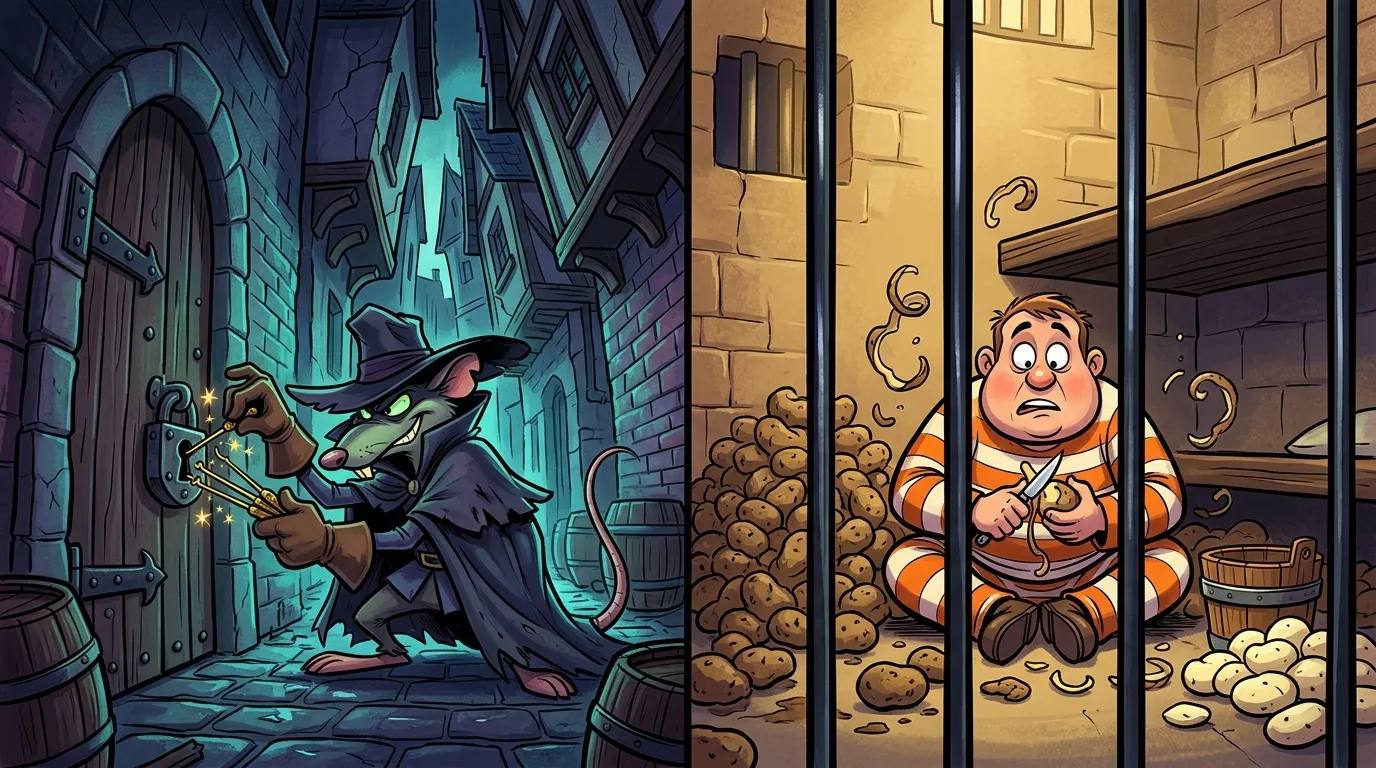 Rat voleur avec clé magique et homme emprisonné avec pommes de terre