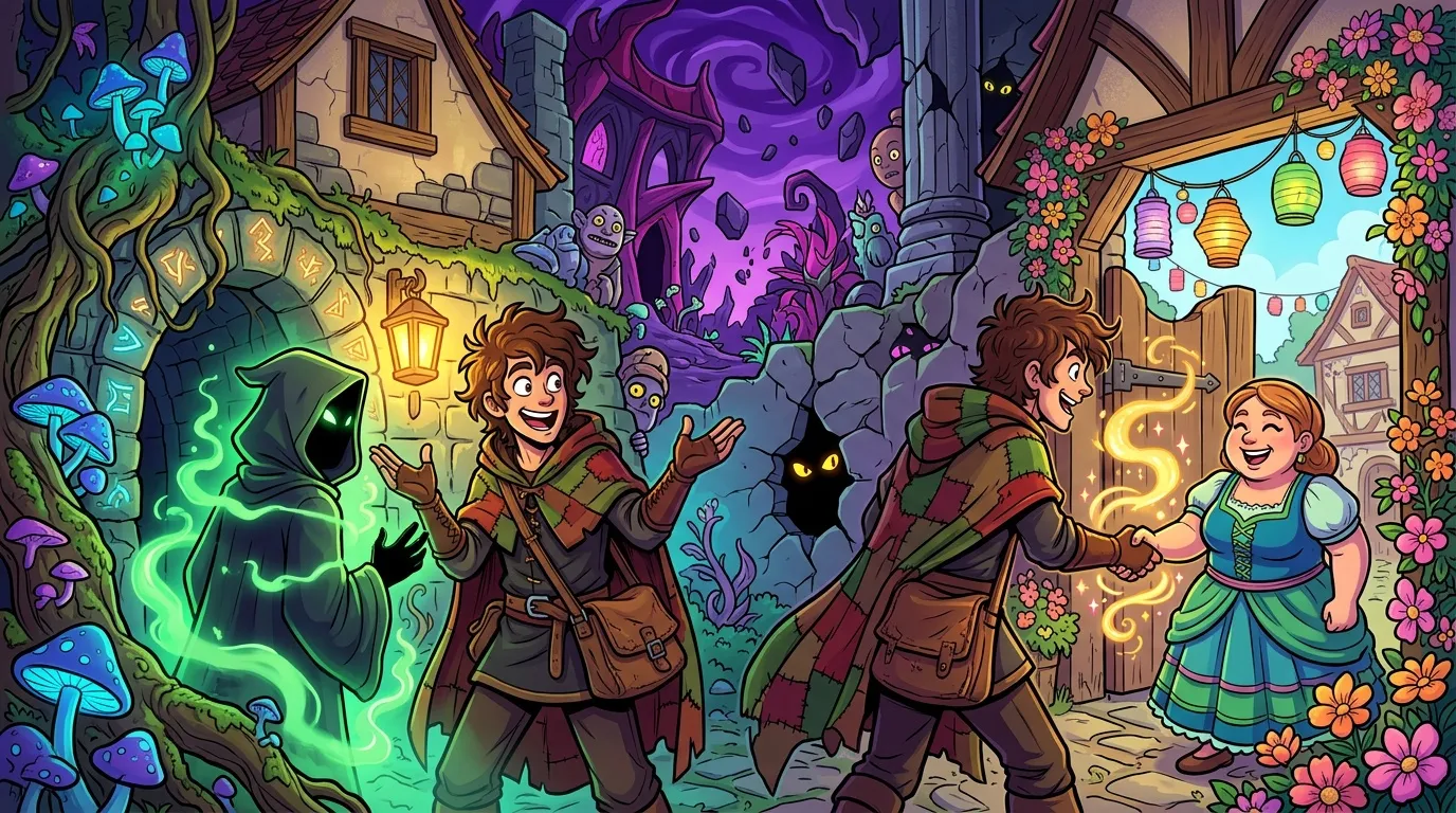 Quatre personnages explorent un village fantastique avec créatures magiques