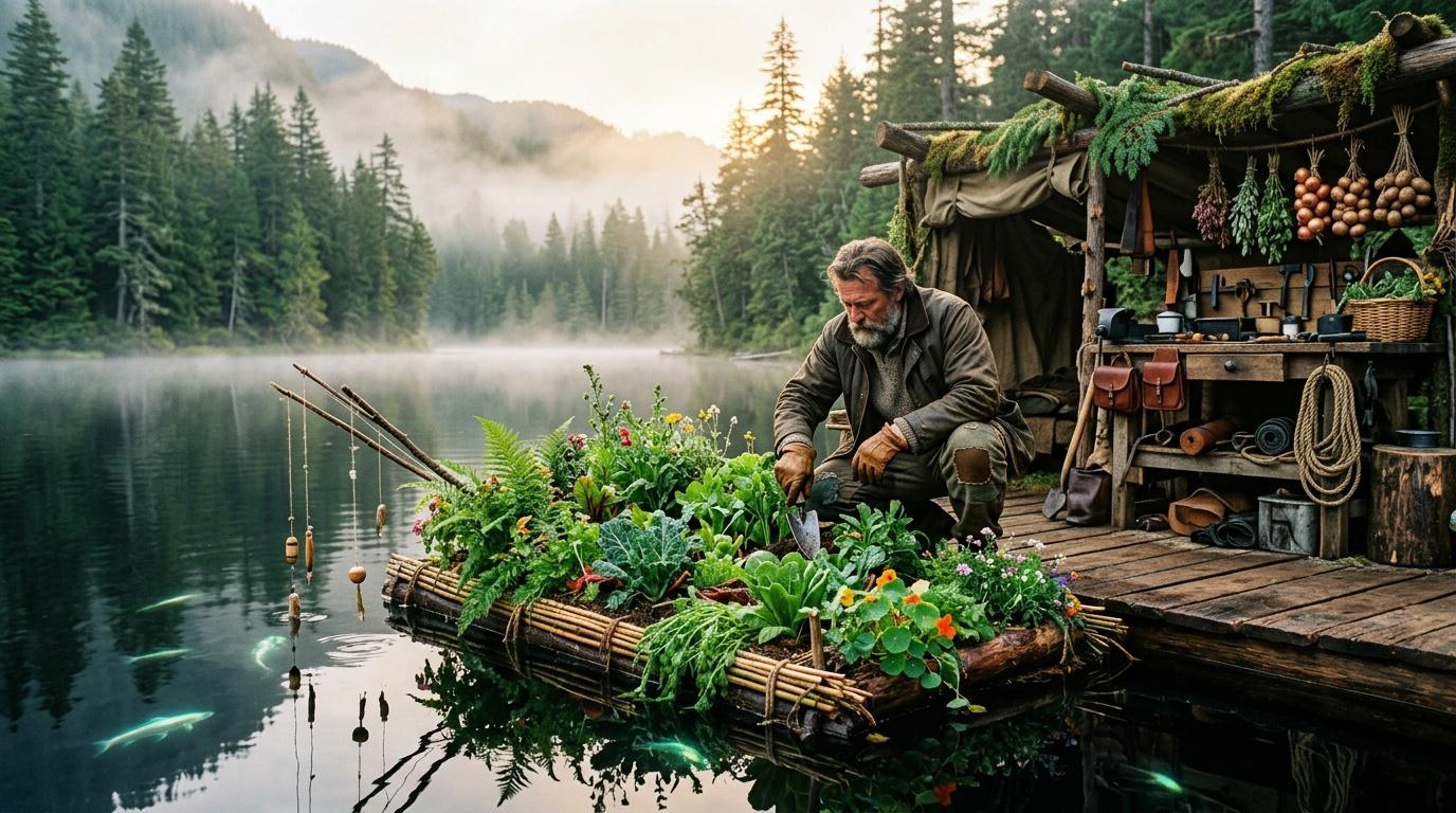 Homme cultive jardin flottant près d'un lac montagneux
