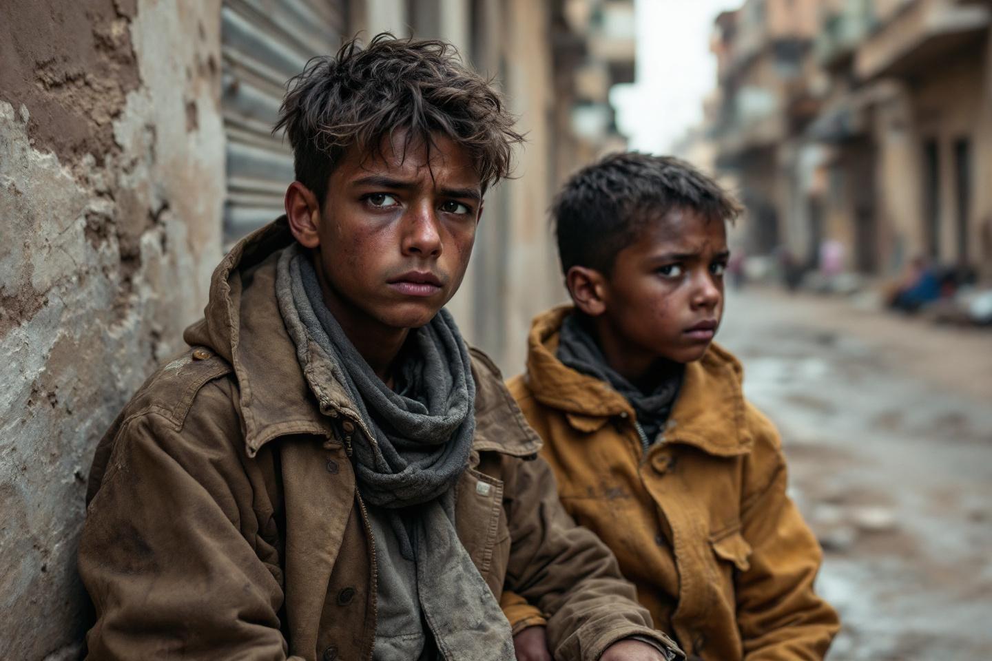 Deux jeunes garçons regards tristes dans une rue désolée
