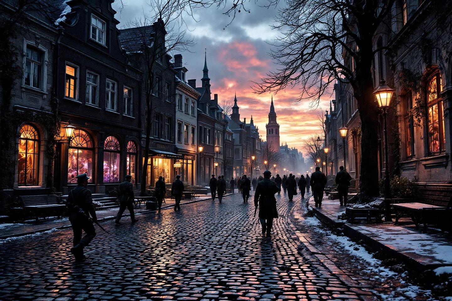Rue européenne avec lampadaires et silhouettes dans la neige