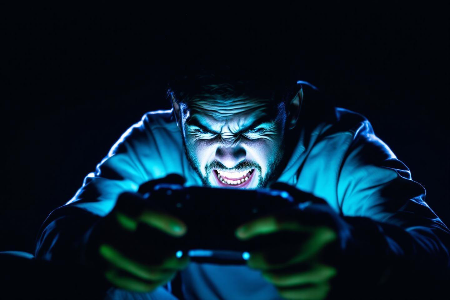 Visage crispé d'un joueur avec manette dans une lumière bleue-verte