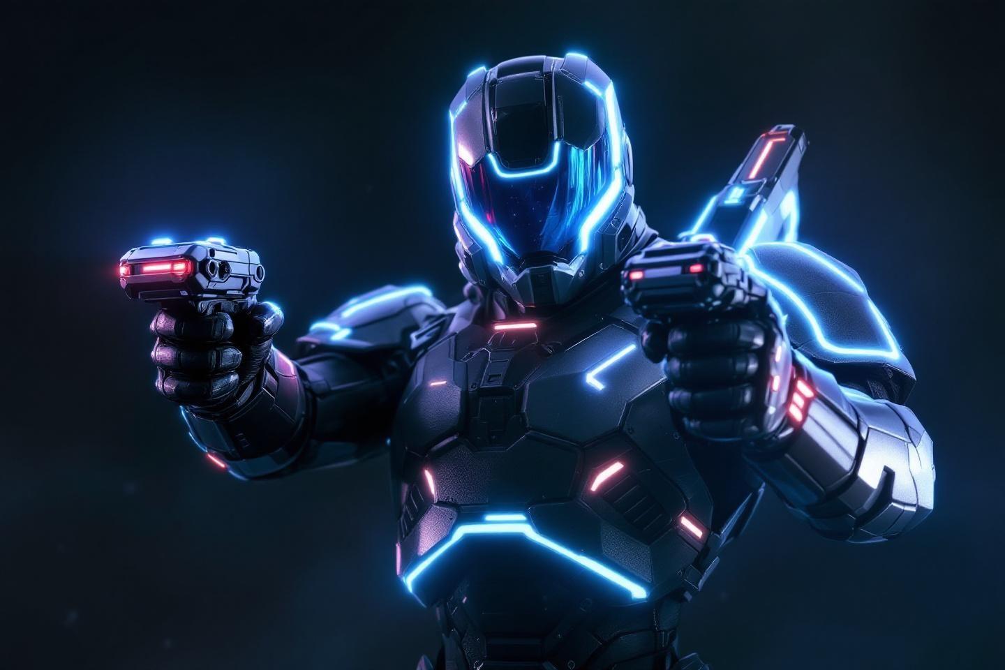 Robot futuriste bleu et noir armé de deux pistolets