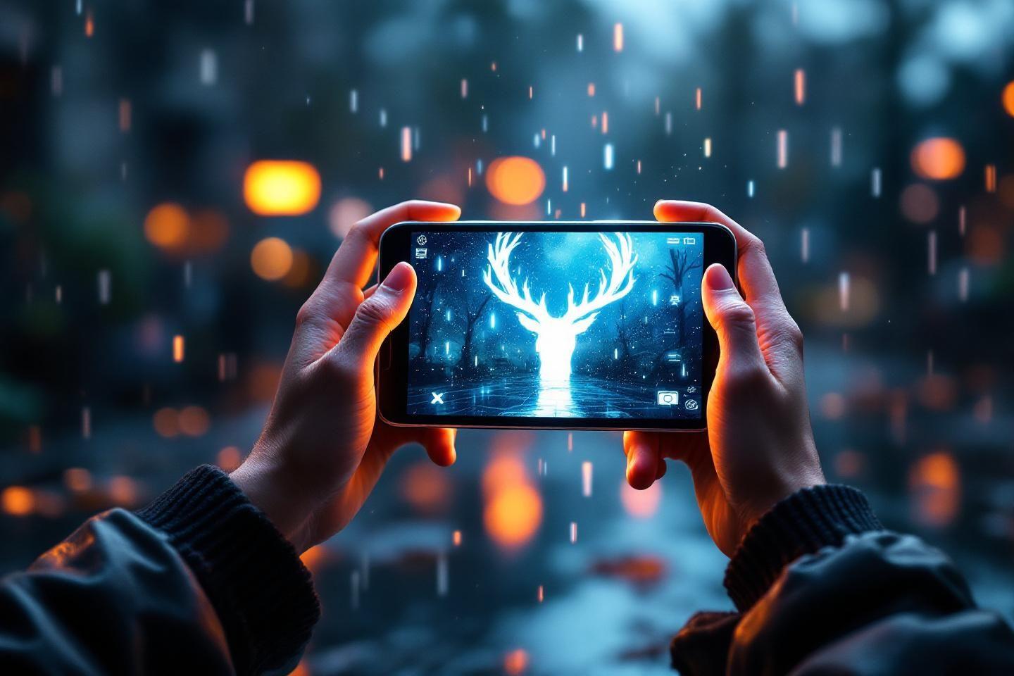 Smartphone photographiant un cerf lumineux dans une forêt nocturne